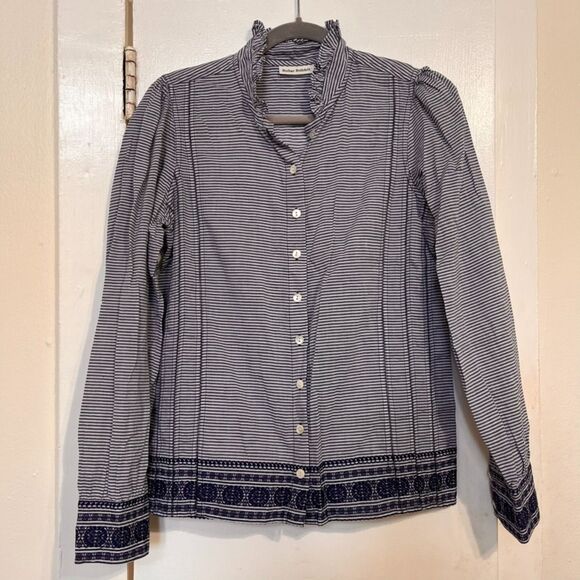 Roller Rabbit long sleeve blue and white 100% cotton ruffle neck blouse - Small - Picture 1 of 4